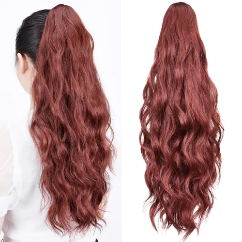 Miniatura 20 de Extensiones de cola de caballo, extensiones de cabello rizado con clip de garra de color marrón oscuro para mujer, peluca sintética de cola