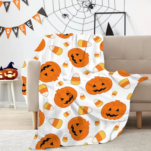 Miniatura 3 de Manta de Halloween de otoño y Halloween, calabazas naranjas con maíz de caramelo, manta ultra suave, manta ligera para sofá y cama, decoración