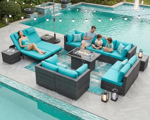 Miniatura 91 de NICESOUL Juego de muebles de patio para exteriores de 7 piezas con mesa para hoguera, gas natural y propano convertible, respaldo alto de 29.3