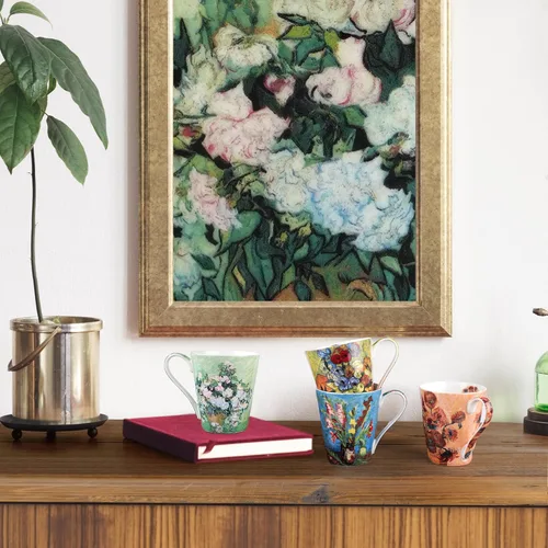 Miniatura 9 de Juego de 4 tazas de café, tazas de porcelana de porcelana de hueso de 12 onzas con impresión artística, mango grande, apto para lavavajillas