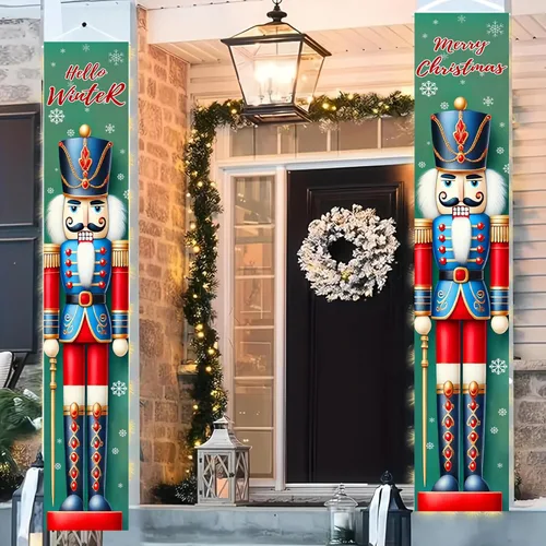 Miniatura 3 de BlissYard Estandartes de Porche Navideños de Cascanueces 12×71 Pulgadas Hola Invierno Feliz Navidad Decoraciones de Puerta Estandarte de Soldado