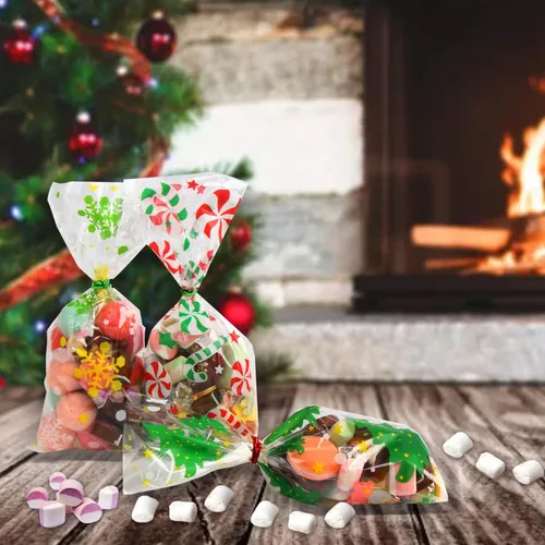 Miniatura 5 de KIMOBER 144 bolsas de dulces de celofán de Navidad, bolsas de golosinas de celofán con lazos giratorios para suministros de fiesta de Navidad