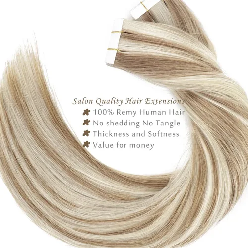 Miniatura 4 de Lacer Extensiones de cabello humano con cinta, extensiones de cabello humano con pegamento, color #6 castaño medio a #60A rubio platino Remy lacio