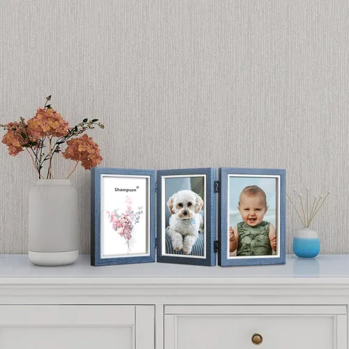Miniatura 3 de Trifold Picture Frame 5x7 Blue Photo Collage Frame Hinged Triple Foldable Frame Blue for Tabletop Desk Display Gift for Mother, Friend