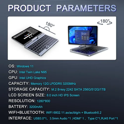 Miniatura 6 de Mini Laptop 8" 2-in-1, Laptop Computer Win 11, Intel N95(up to 3.4GHz), 12GB RAM 256GB SSD, Touchscreen HD, Backlit Keyboard, Lightweight Portable