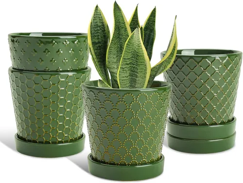 Macetas de cerámica EFISPSS, macetas de 5 pulgadas con agujeros de drenaje y bandeja de cerámica, diseño en relieve para plantas de flores, set de