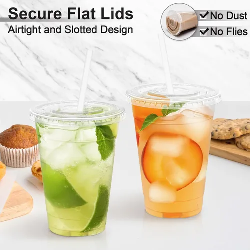 Miniatura 6 de Lamosi Paquete de 100 vasos de plástico transparente de 16 onzas con tapas y pajitas, tazas de café de plástico desechables con tapas para café