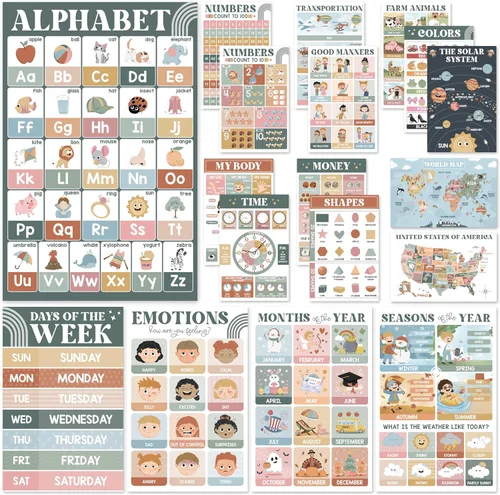 Miniatura 7 de BEAWART 18 Pósteres educativos laminados para niños pequeños, pósteres preescolares para el aula, decoración mural de jardín de infantes