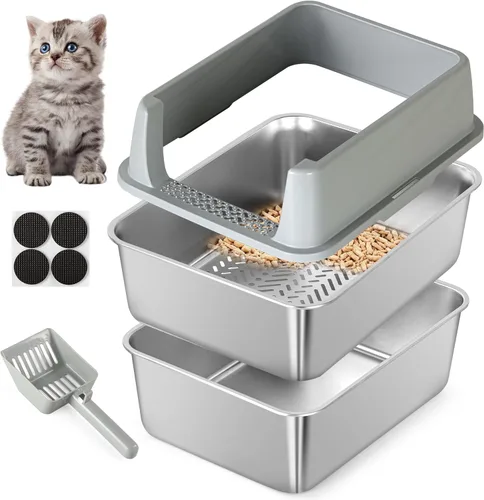 Caja de Arena Tamizadora de Acero Inoxidable para Pellets de Pino, Caja de Arena para Gatos con Tamiz, Lado Alto para Gatos Pequeños, Anti-Fugas,