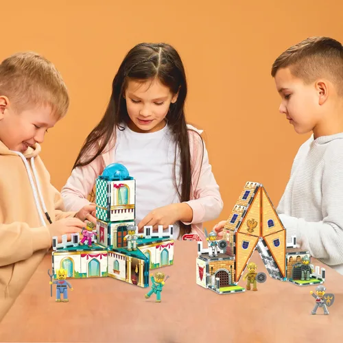 Miniatura 2 de PicassoTiles 70 piezas Edad Media Medieval y Tema de Castillo 2 en 1 8 Figuras de Acción de Personajes Imantados Ladrillos de Construcción Medieval