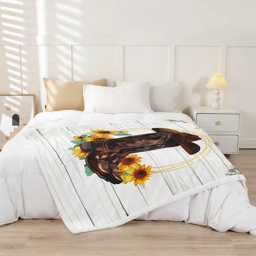Miniatura 2 de Manfei Manta con sombrero de botas de vaquero, manta de cama de girasol amarillo para decoración de habitación de niños y niñas, manta de tablones