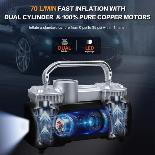 Miniatura 5 de GSPSCN - Compresor de aire con cilindro doble, plateado, inflador de neumáticos portátil de alta resistencia, 12V, 150 PSI, para bombeo rápido