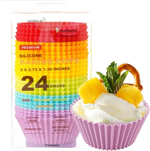 Miniatura 9 de Katbite - Paquete de 24 tazas de silicona para hornear cupcakes, reutilizables, antiadherentes, resistentes, para hornear, muffins suaves y pálidos