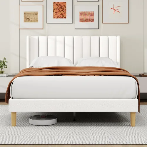 Miniatura 19 de alazyhome - Marco de cama tapizado de plataforma tamaño Queen con cabecera, soporte de listones de madera, sin ruido, fácil montaje, terciopelo beige