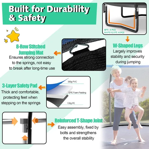 Miniatura 4 de Giantex Trampolín para niños, cama elástica grande para exteriores aprobada por ASTM con red, escalera, marco de acero galvanizado a prueba de Negro
