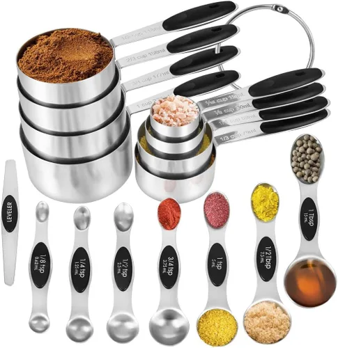 Juego de 16 tazas medidoras y cucharas medidoras magnéticas de acero inoxidable, 8 tazas medidoras con mango de silicona y 7 cucharas magnéticas de