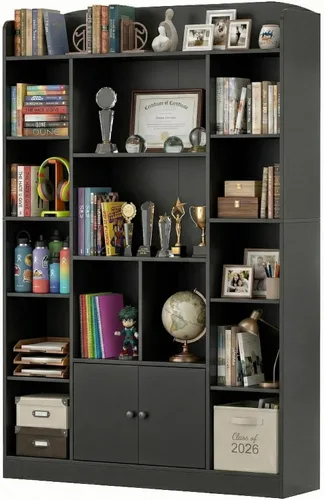 Miniatura 14 de DIYART Estantería negra para niños, estantería para niños con 7 cubos y 2 gabinetes, estantes independientes de almacenamiento para dormitorio, sala