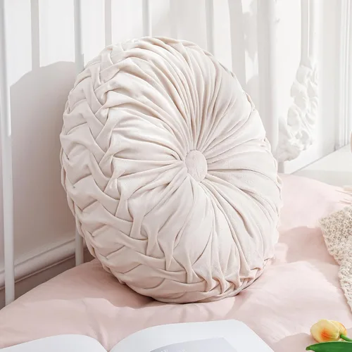 Miniatura 32 de Drydiet 3 Piezas Almohadas Redondas Decorativas de Terciopelo Plisado Almohadas de 15'' de Diámetro Acento Calabaza Boho Cojín de Silla para Sofá