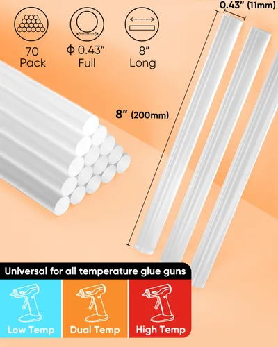 Miniatura 3 de SHALL - Barras de pegamento caliente de tamaño completo, 0.43” de diámetro x 8” de largo, paquete de 70 barras de pegamento transparente