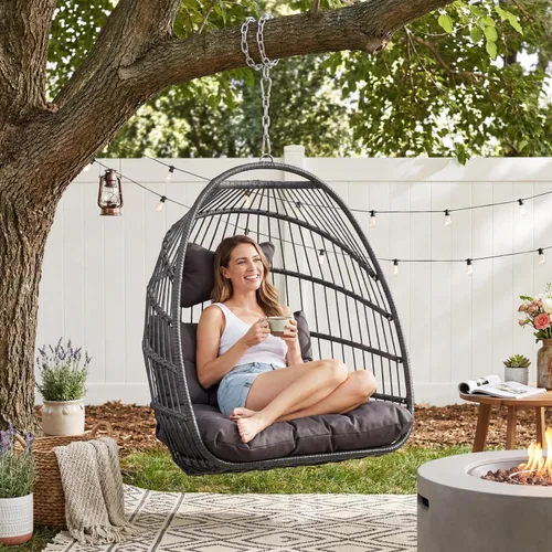 Miniatura 3 de Bulexyard Silla huevo al aire libre sin soporte, 159 kg plegable resistente al clima de ratán colgante con cojín, asiento tipo cesta mecedora Gris