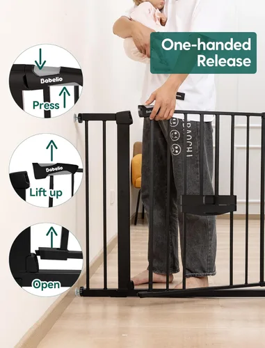Miniatura 5 de BABELIO Nueva Versión Puerta de Bebé con Puerta para Gatos Ajustable, Puerta de Mascotas de Metal de 29-40" para Escaleras y Puertas, Montaje a Negro