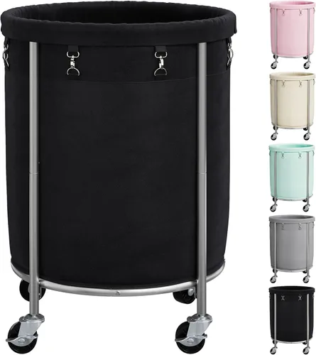 Miniatura 16 de ELYKEN Cesta de lavandería con ruedas, cesta de lavandería rodante de 170L con bolsa extraíble y marco de acero, carrito de lavandería redondo con 4