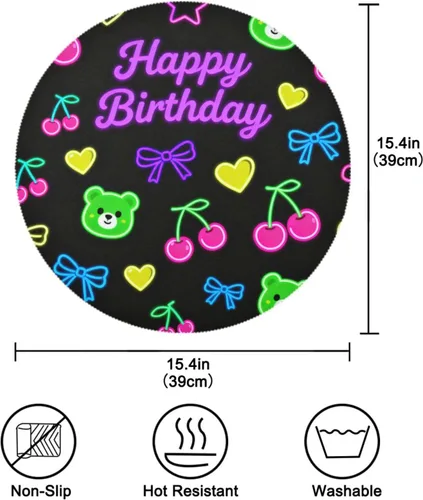 Miniatura 4 de Manteles individuales redondos de color negro a granel con oso de feliz cumpleaños para niños de 15 x 15 pulgadas individuales para mesa de comedor