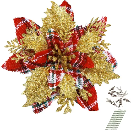 Miniatura 14 de GREENTIME 12 flores de pascua artificiales con purpurina de 5.5 pulgadas, tallos de Navidad, adornos para árbol de Navidad para fiesta de Año Nuevo