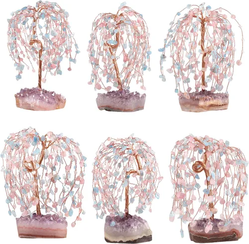 Miniatura 5 de mookaitedecor Árbol de cristal natural de cuarzo rosa y aguamarina con base de cristal de racimo de amatista, figura de árbol de dinero bonsái
