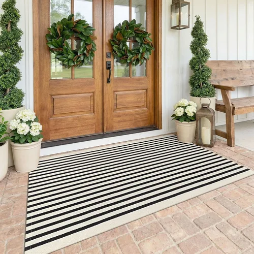 Miniatura 22 de KOZYFLY Alfombra a rayas blancas y negras de 2 x 3 pies, tejido de algodón, lavable, para interiores y exteriores, alfombra pequeña para puerta