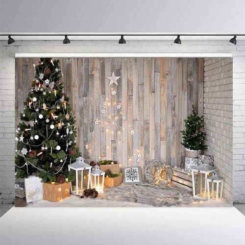 Miniatura 4 de MEHOFOND Árbol de Navidad de invierno de 8 x 6 pies, fondos de pared de madera marrón rústica, estrellas, regalos, corona, fotografía, fondo, feliz