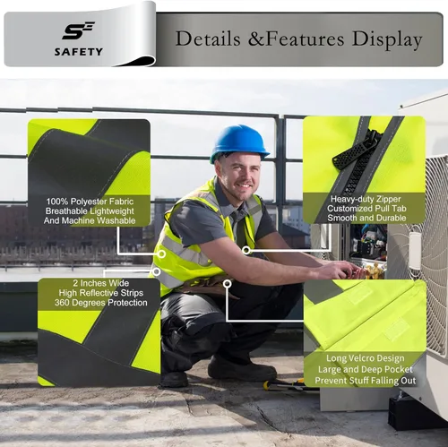 Miniatura 3 de sesafety Chaleco de seguridad con 9 bolsillos, chaleco reflectante de alta visibilidad, chaleco de seguridad, chaleco de trabajo para hombre