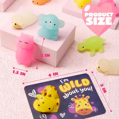 Miniatura 8 de JOYIN 36 paquetes de tarjetas de regalo para el día de San Valentín con juguetes esponjosos Mochi que brillan en la oscuridad, 9 diseños de juguetes