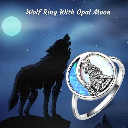 Miniatura 2 de POPKIMI Anillos de lobo de plata de ley de ópalo para mujer, joyería de lobo de ópalo, luna, lobo, regalos de lobo aullador, joyería para amantes
