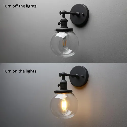 Miniatura 6 de PERMO Iluminación de candelabro de pared industrial vintage con sombra de globo de vidrio transparente redondo de 5,9" soplado a mano (Negro)