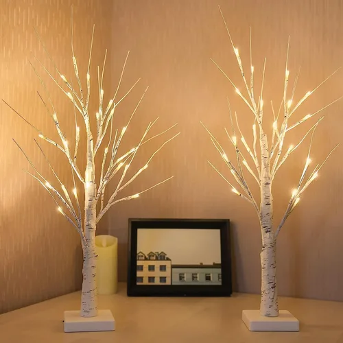 Miniatura 6 de Paquete de 2 árboles de abedul iluminados de 2 pies con temporizador para decoraciones navideñas de interior, árbol de abedul artificial con 48
