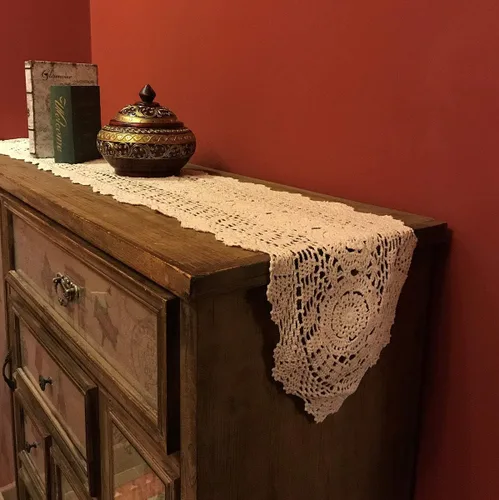 Miniatura 4 de Pasillos de mesa de algodón de ganchillo hechos a mano, color beige, bufandas ovaladas, 11.8 x 35 pulgadas.