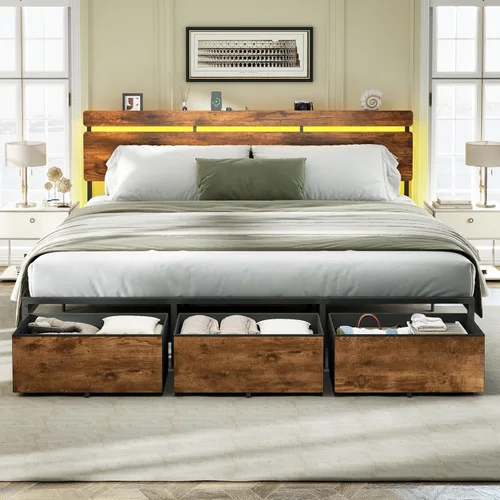 Miniatura 11 de Forestell - Marcos de cama individual con cabecera de madera, cama plataforma negra con 2 cajones de almacenamiento y estante, estación de carga