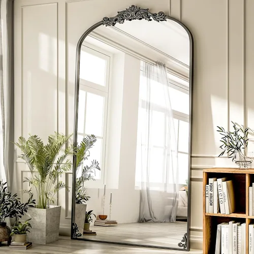 Miniatura 9 de GLSLAND Espejo Vintage - 72" x 44" Espejo de Cuerpo Completo Grande Tallado Arqueado con Marco de Metal Barroco Espejos de Cuerpo Completo para Negro