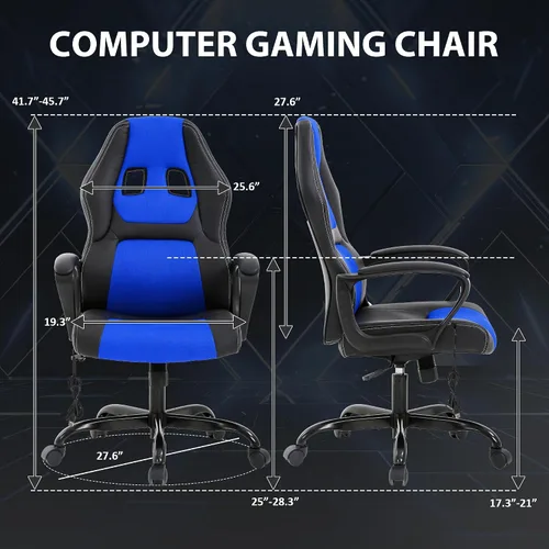 Miniatura 3 de Massage Gaming Chair – Ergonomic Office Desk Chair with Recline Function, PU Leather & Breathable Design, Lumbar Pillow, Adjustable Height, 360° Blue