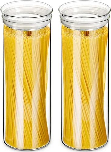 ZENS Juego de 2 recipientes de almacenamiento de vidrio para pasta de espaguetis con tapas, recipientes herméticos transparentes de 65 onzas de alto