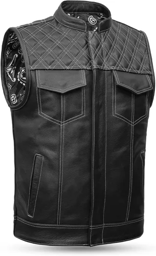 Miniatura 6 de Leatherick Mens Black Motorcycle Vests - Top Grain Cow Leather SOA Club & Traditional Paisley Satin Liner Leather Biker Vests Negro (sin cuello)