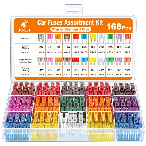 Fusibles de automóvil 168 piezas, kit surtido de Jorest 114 fusibles de hoja mini automotriz + 54 fusibles automáticos estándar + 1 extractor de