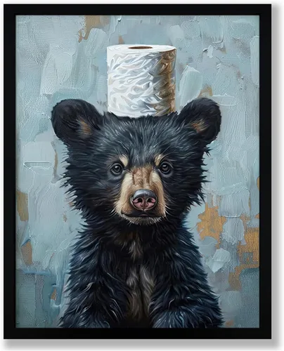 Miniatura 20 de Lienzo enmarcado en blanco y negro para el baño, divertida decoración de baño de animales, linda nutria sosteniendo un rollo de papel higiénico