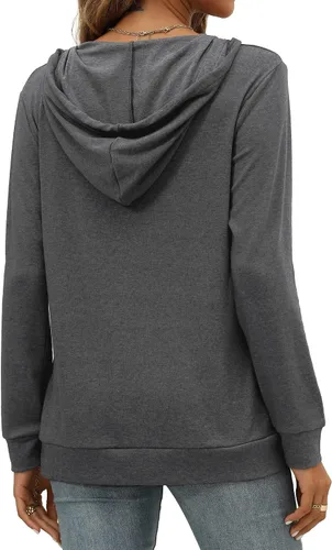 Miniatura 4 de Saloogoe Sudaderas con capucha con bolsillo tipo canguro para mujer, cuello en V, ligeras, manga larga