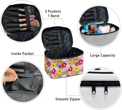 Miniatura 7 de 60S Groovy Hippie Flower Pink Pattern Travel Makeup Bags for Women Portable Tote Cosmetic Case with Carry Handle Toiletry Accessories Storage