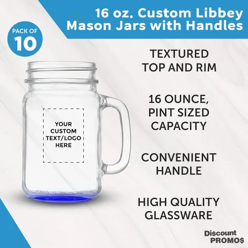 Miniatura 3 de DISCOUNT PROMOS Libbey Mason frascos personalizados con asas, 16 onzas, juego de 10, paquete personalizado a granel, estilo tradicional, alto