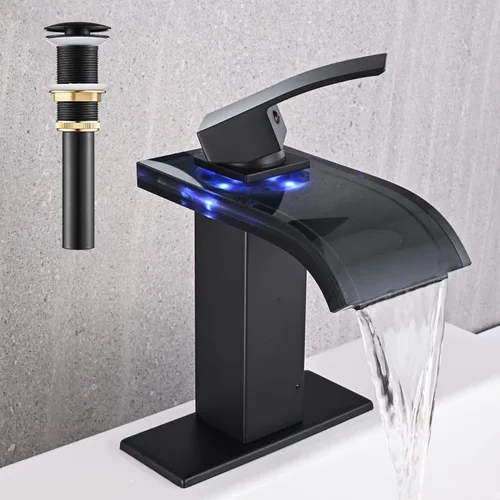 Miniatura 8 de AVSIILE Grifo de lavabo de baño LED, cascada de níquel cepillado, mango de un solo agujero, 1 agujero con drenaje desplegable de metal y 2 líneas