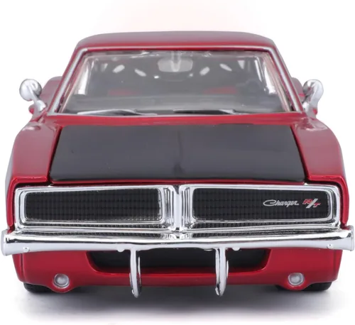 Miniatura 2 de 1969 Dodge Charger R/T Rojo Metálico con Capucha Negra y Rayas Negras Classic Muscle 1/25 Modelo de Auto Fundido a Presión por Maisto