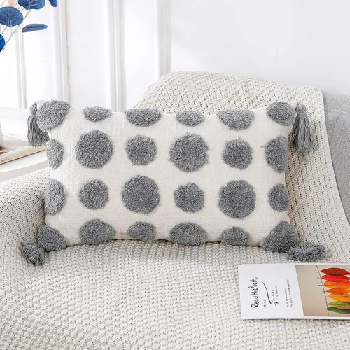Miniatura 7 de PANOD Fundas decorativas de cojín de estilo casa de campo súper suaves y mullidas, 16 x 16 pulgadas, color negro, con pompones sólidos, mechones